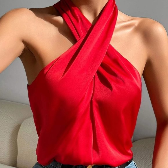 Chic Cross Front Backless Halter Top Red - Picture 2 of 6